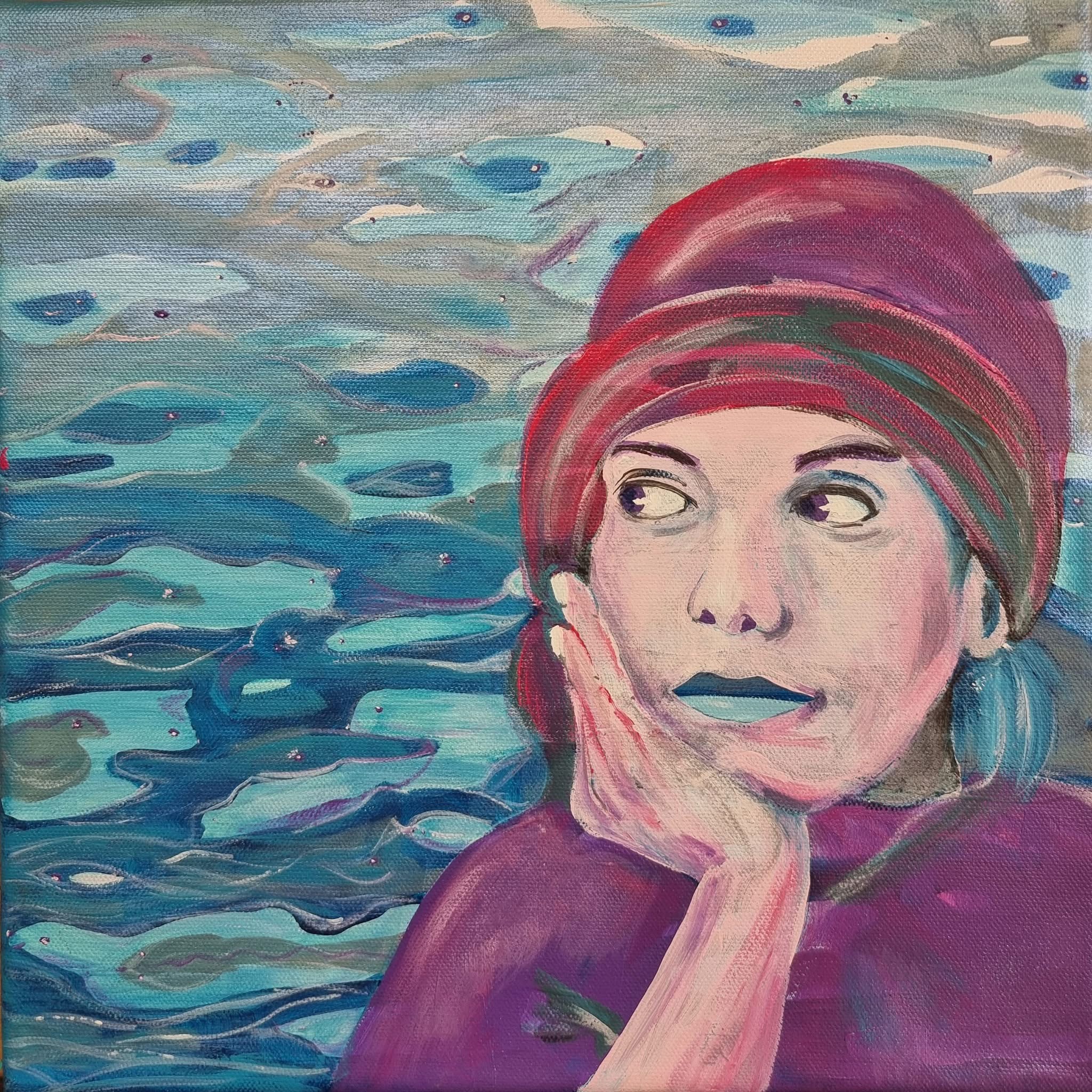 Meerestiere — Frauenporträt vor türkisem Wasser, Acryl, von Iris Liechti