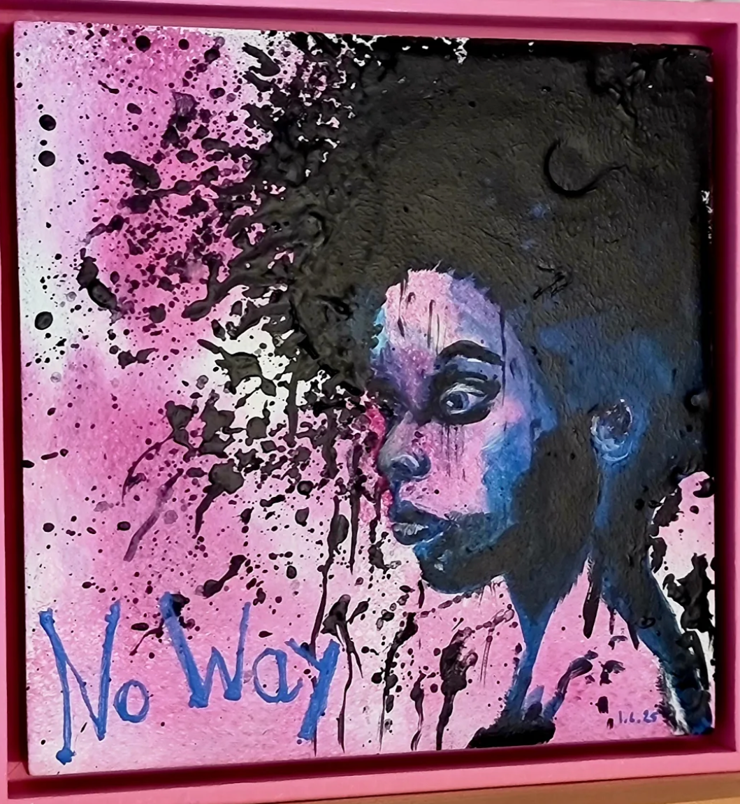 No Way — Mixed-Media-Porträt in pink und schwarz, von Iris Liechti