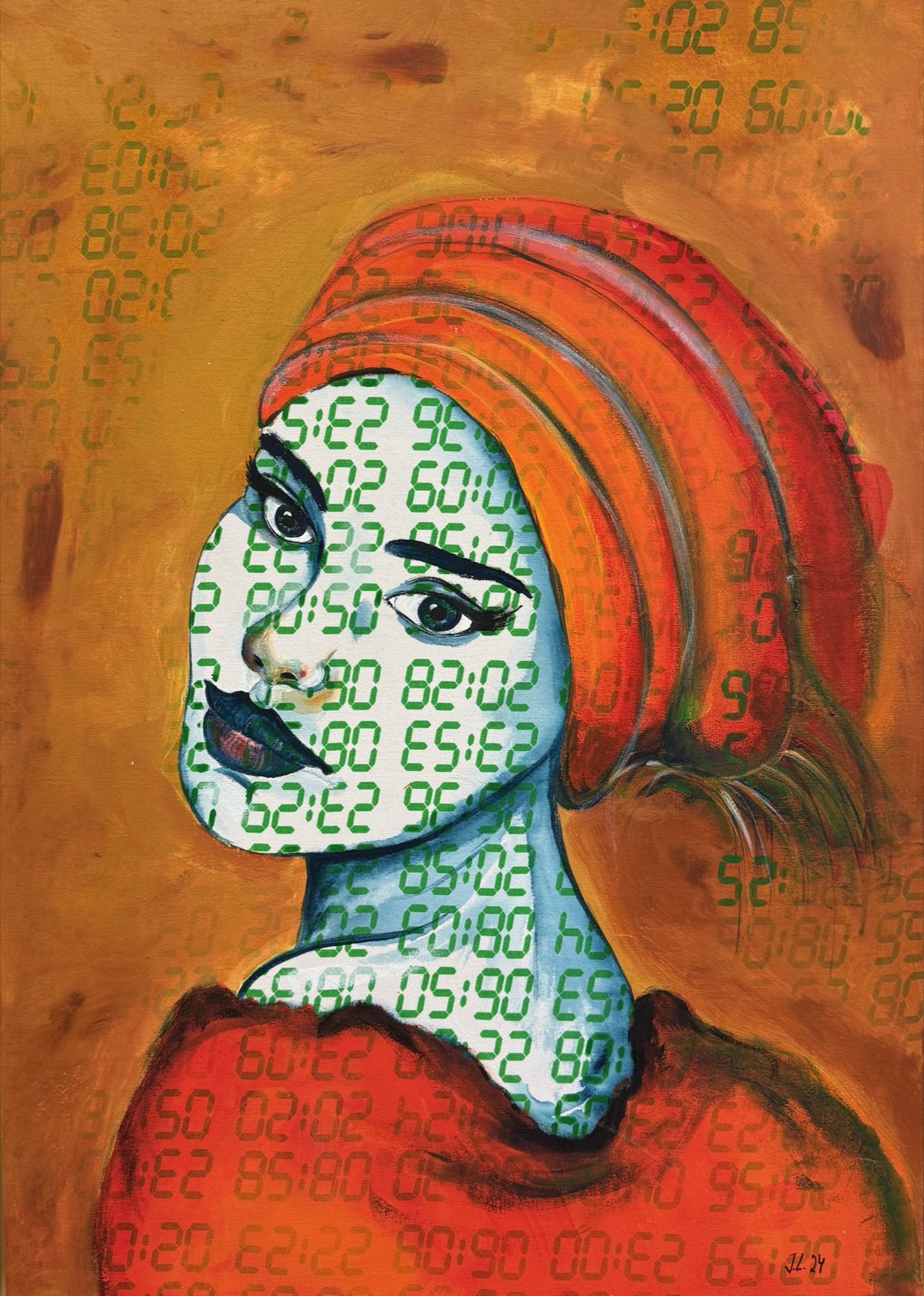 Nombreux — Frauenporträt im Profil mit orangem Turban, das Gesicht übersät mit grünen Zahlen, von Iris Liechti