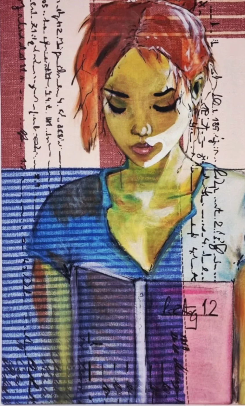 Pearl — Frauenporträt mit Recycling-Cotton-Streifen, Acryl, von Iris Liechti