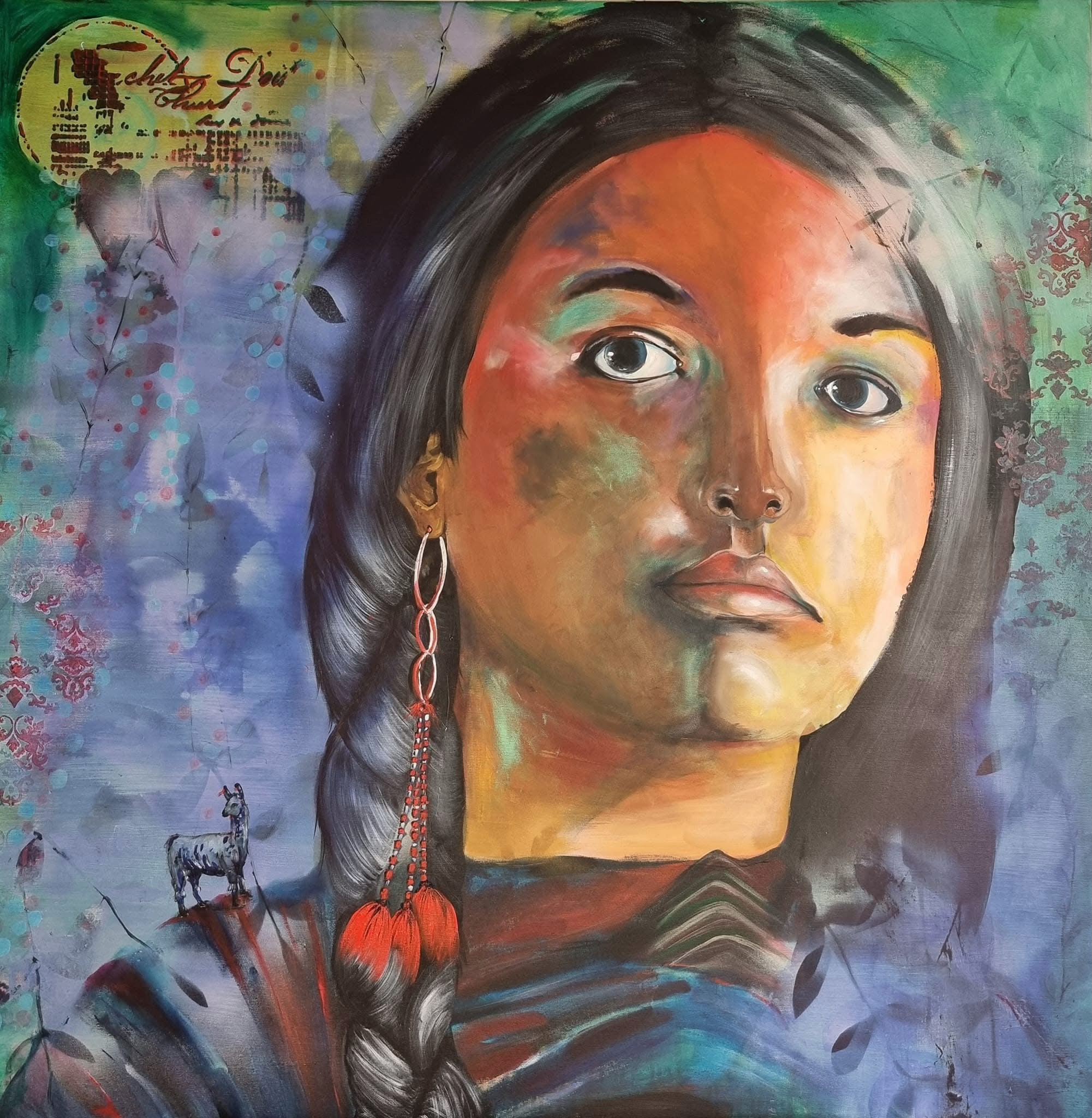Peruvian Woman — Frauenporträt mit Zopf und Ohrgehänge, Acryl, von Iris Liechti